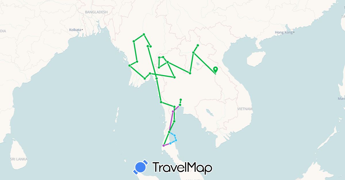 TravelMap itinerary: driving, bus, train, boat in Laos, Myanmar (Burma), Thailand (Asia)